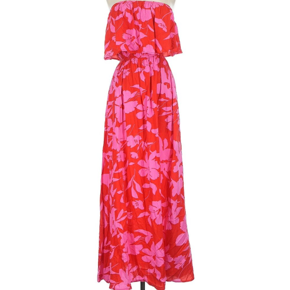 red and pink strapless floral ruffle maxi dress